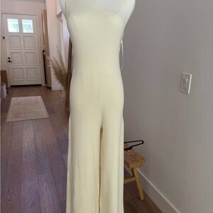 Free People Cream One-Shoulder Ribbed Wide-Leg Jumpsuit
